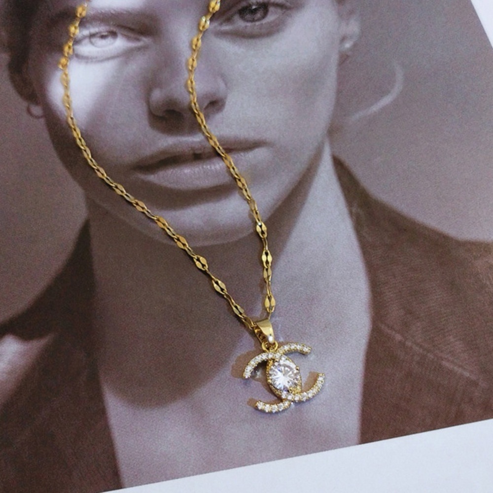 18K Gold Letter C Monogram Center Diamond Pendant Necklace Geometrical Design - Picture 4 of 9